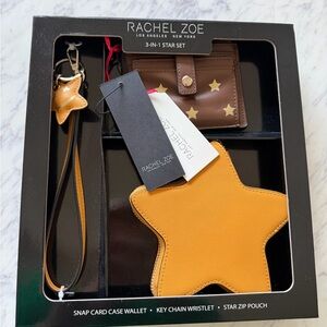 Rachel Zoe 3 In 1 Boxed Starry Set Wallet Card Case, Key Chain & Star Pouch New